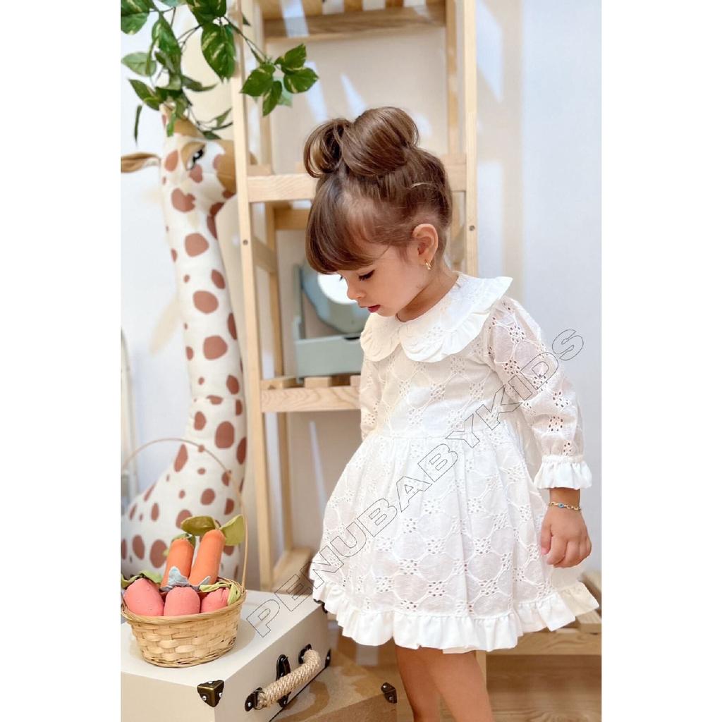 White Scalloped Baby Collar Long Sleeve Baby Girl Dress - Angel