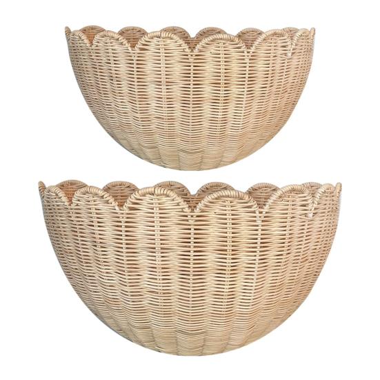 1/2Pcs Hand Woven Scalloped Rattan Wall Basket Rustic Bohemian Style Hanging Storage Organizer Wall Decor
