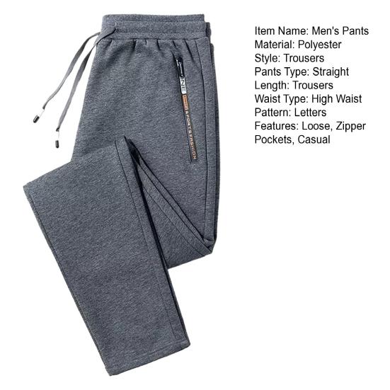 Men's Loose Straight Pants with Zipper Pockets Casual Cozy Thickened Male Trousers for Autumn Winter