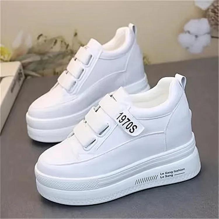 Fashion Genuine Leather Women Plush Platform Sneakers Wedgies Spring Casual Vulcanized Shoes Ladies Thick Bottom Court Sneakers White
