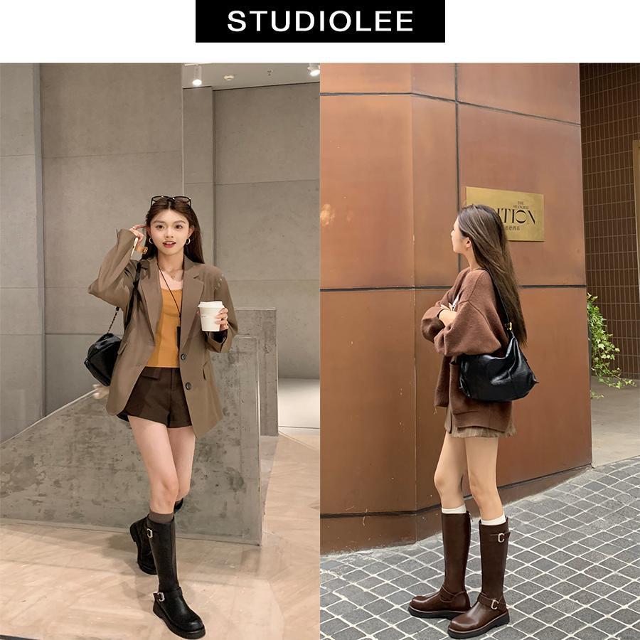 Grape Mother Autumn and Winter New Polish Pictorial~ Fashion Round Head Buckle with Thick Heel But Knee High Boots Knight Boots Women