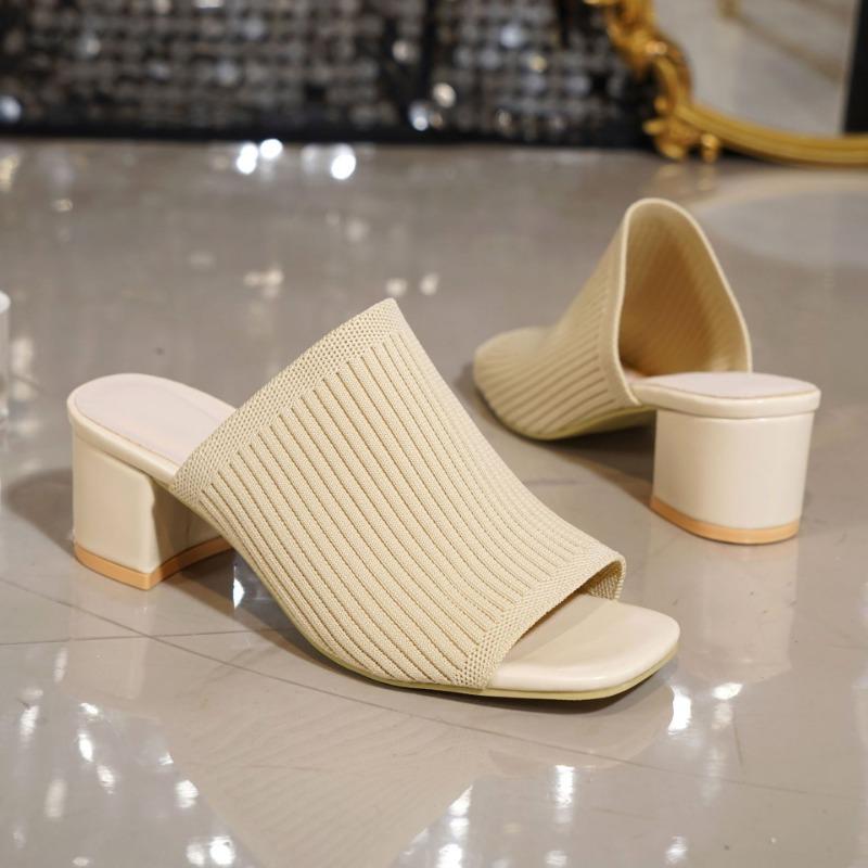 High-heeled Cool Slippers Women's Summer New Outer Wear High-end Knitted Square Head Large Size 4142 Thick Heel Trendy
