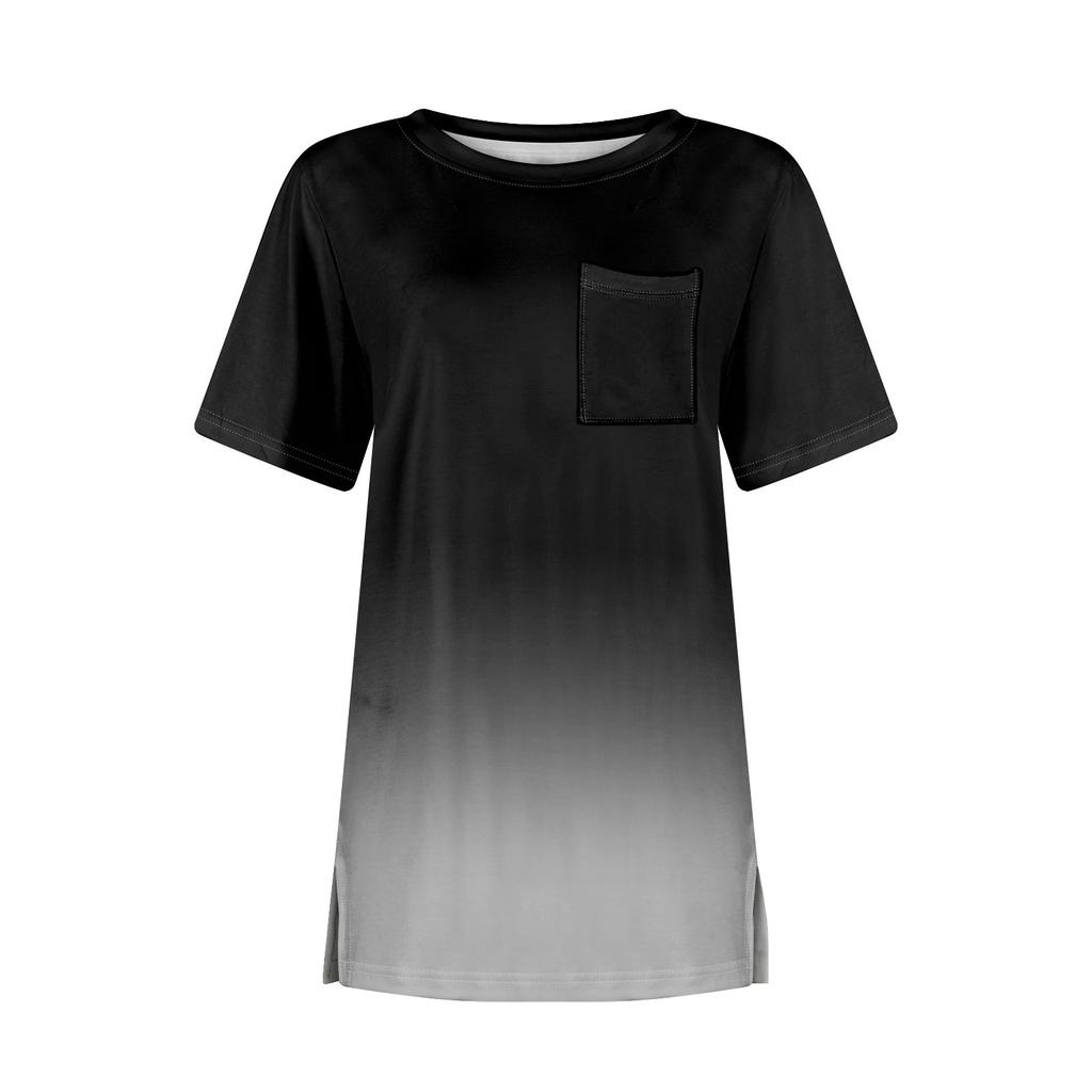 T Shirts For Women Pleated Round Neck Dressy Casual Blouses Printing Short Sleeve Summer Tops Loose Fit