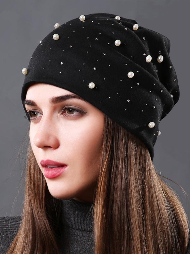 Pearl Rhinestones Women Beanie Hats Autumn Winter Warm Soft Cotton Skullies Caps Casual Outside Turban Female Ladies Hearwear