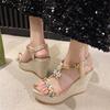 2025 Summer New Wedge Heel Women's Shoes Woven Open-toed One-word Strap High Heels Empty Casual Sandals