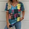 Summer Retro Ladies Short Sleeve T Shirt Fashion Casual Plaid Pattern Printed Clothing Outdoor V Neck Tops Size Women's Cloting