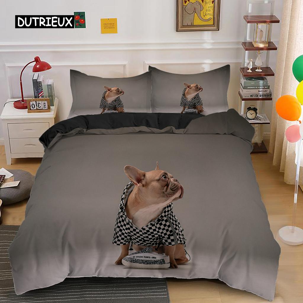 Cute Cartoon Bulldog Pattern Duvet Cover Set King Full Size Bedding Set Room Decor Soft Microfiber Quilt/Comforter Cover 2/3PCS