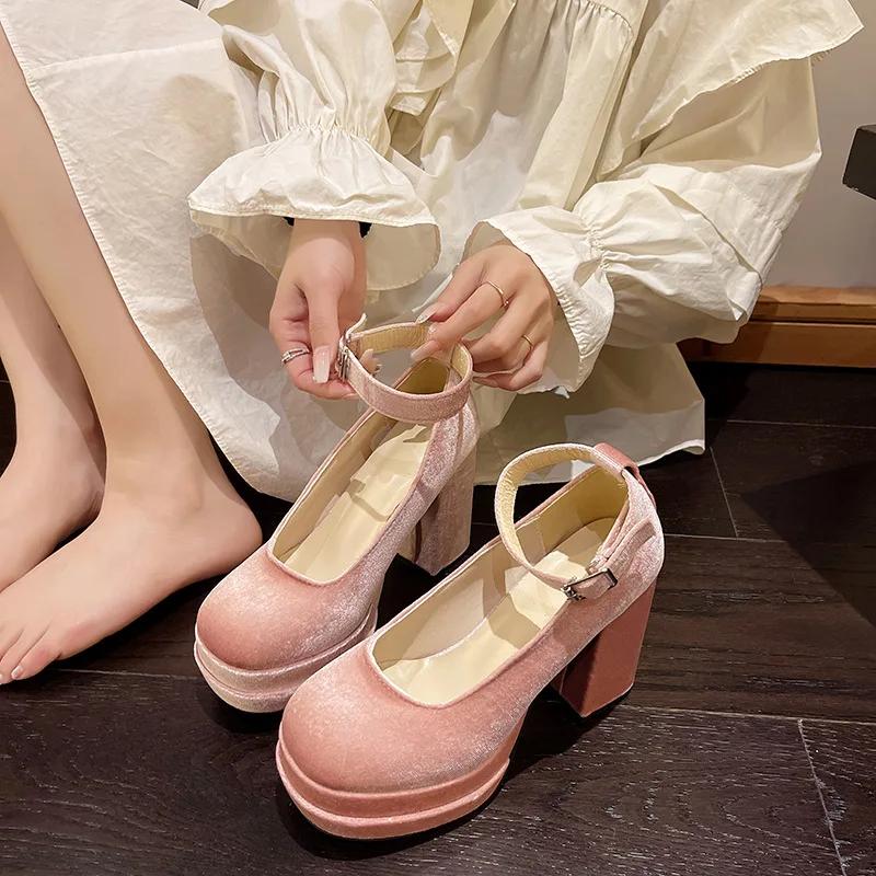 Fashion Hot Selling Mary Janes Shoes Women Suede Luxury High Heel Lace Up Trend Lolita Shoes Elegant Chunky Party Pumps Zapatos De Mujer