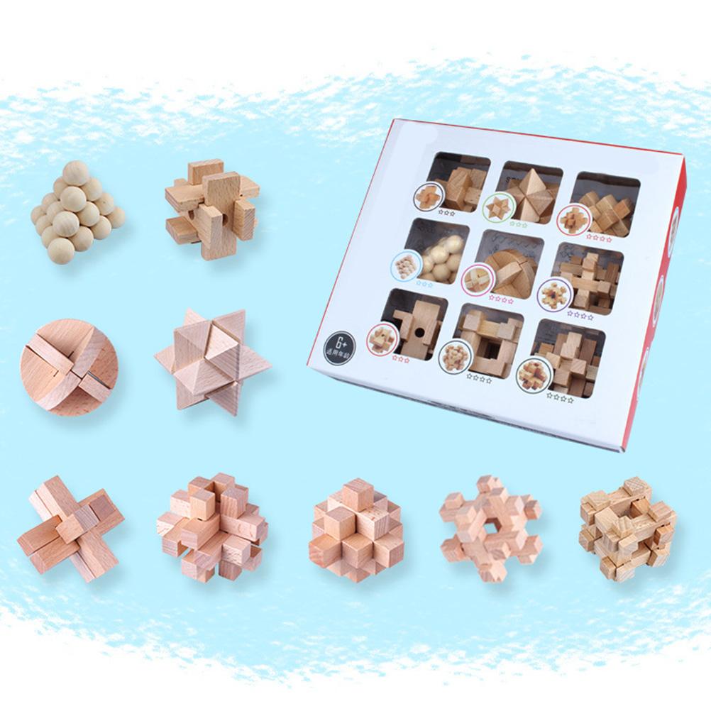 9Pcs Wooden Brain Teaser Puzzle IQ Test Toy Kong Ming Lock Puzzle Disentanglement Puzzles Toy