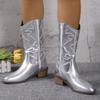 Gold Silver Western Cowboy Boots Women Fashion Slip On Embroidered Mid Calf Botas Woman Thick Heels Pu Leather Booties 43
