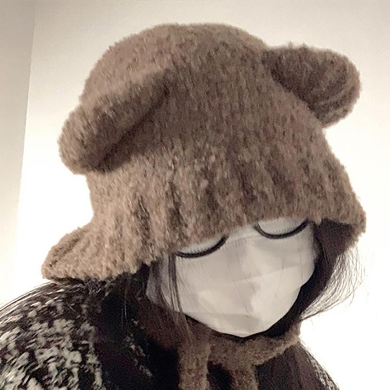 Winter Women'S  Hat Cute Bear Earmuff Hat Plush Warm Solid Color Hat