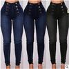 High Waist Casual Denim Pants Women's Elastic Multi-Buckle Trendy Double-Row Jeans Long Trousers Comfortable Stretchy Ladies