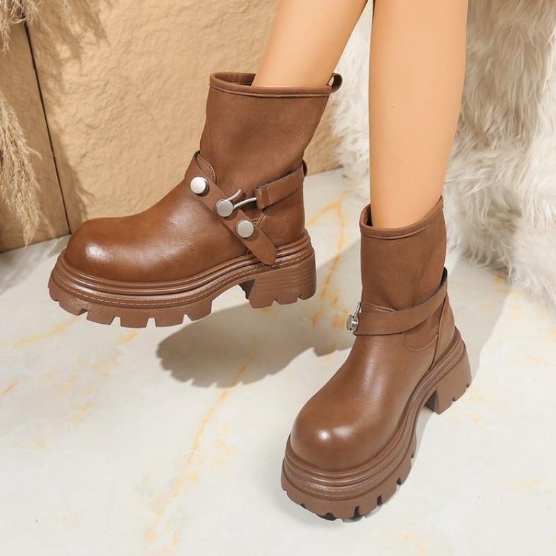 Fashion Platform Chunky Boots Women High Heels New 2025 Autumn Mid Calf Leather Sneakers Trend Winter Brown Motorcycle Boots Zapatos