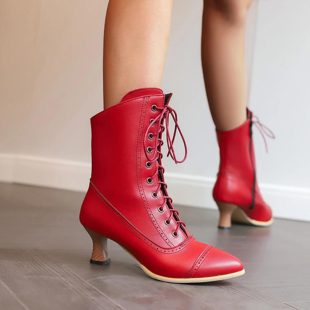2025 New Lace Up Ladies High Heel Shoes Strange Steampunk Boot Victorian Ankle Boots Women Pointed Toe Thick Soled Short Boots