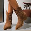 Western Cowboy Boots Embroidered Short Boots Women's Cowhide Thick Heel Pointed