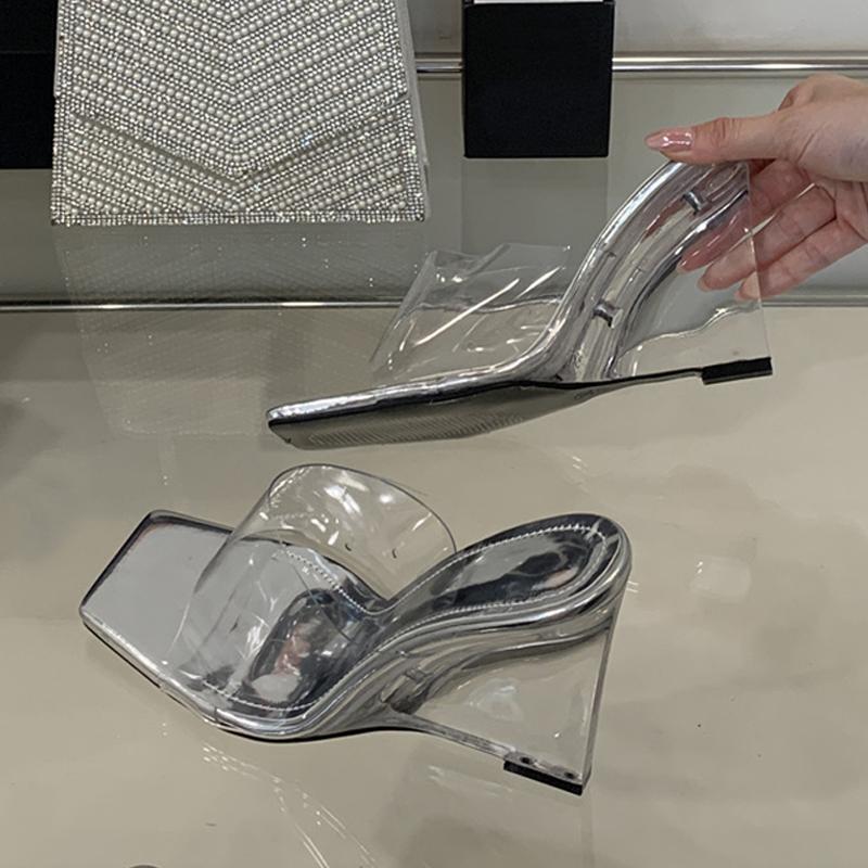Fashion Liyke Summer Fashion Wide Square Open Toe Perspex Wedges Slipper Clear High Heels PVC Transparent Shoes Women Sandals Size 35-40