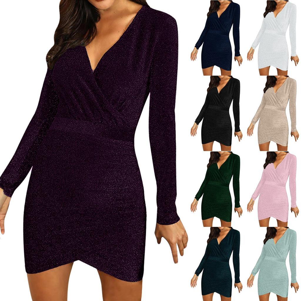 Women's Solid Color Long-sleeved Cross V-neck Sexy Bag Hip Slim Shiny Evening Dress Knee-length Dress