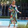 Boho Printed Swimsuit Cover Up Long Sleeve Self Belte Kimono Dress Bath Tunic Women Clothes Beachwear Saida De Praia Q1451