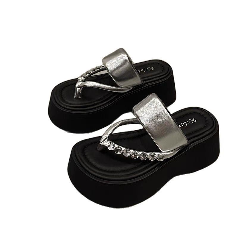 Silver Heightening Rhinestone Pinch Flip-flops for Women In Summer, New Muffin Thick-bottomed Seaside Beach Cool Slippers