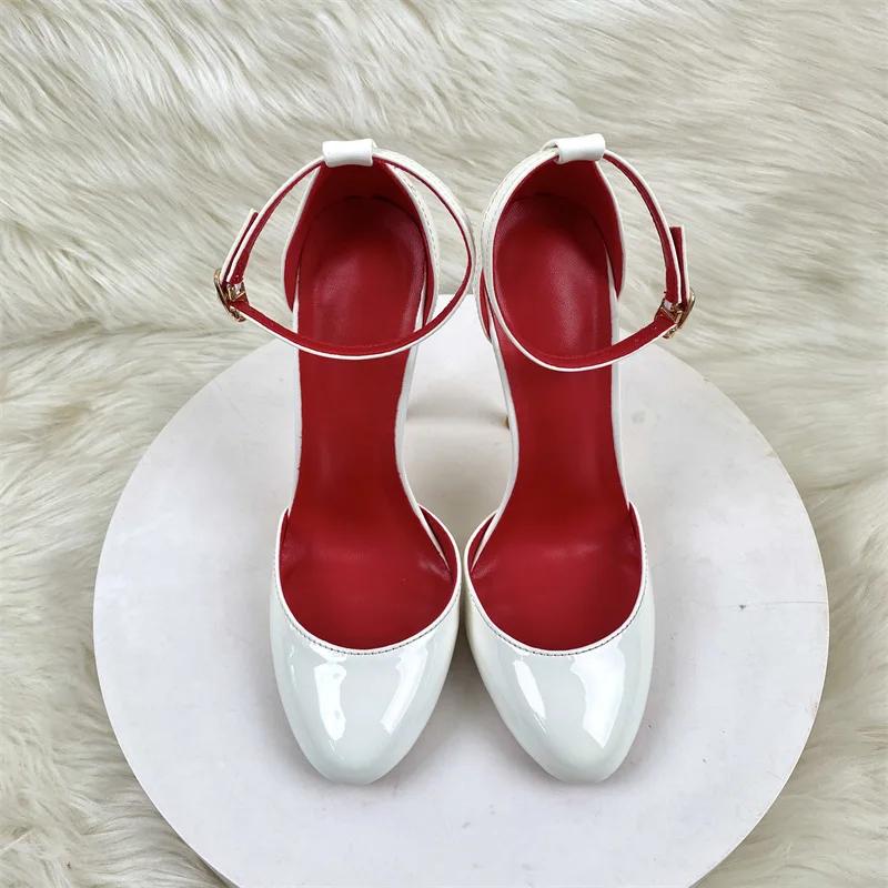 White Patent Leather Women Ankle Strap Stiletto Pumps Round HeadToe Sexy High Heel Shoes 10cm 12cm Customize 33-46 Zapatos Mujer