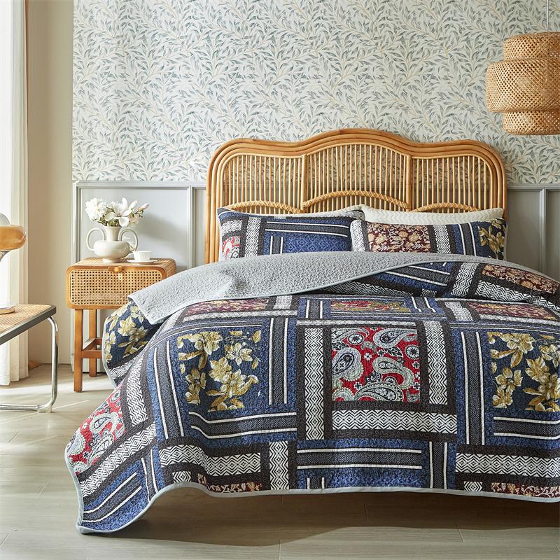 3pcs Set Ultrasonic Wash Cotton Printed Pastoral Quilted Bedspread Soft Breathable Bedsheet with 2 Pcs Pillowcase