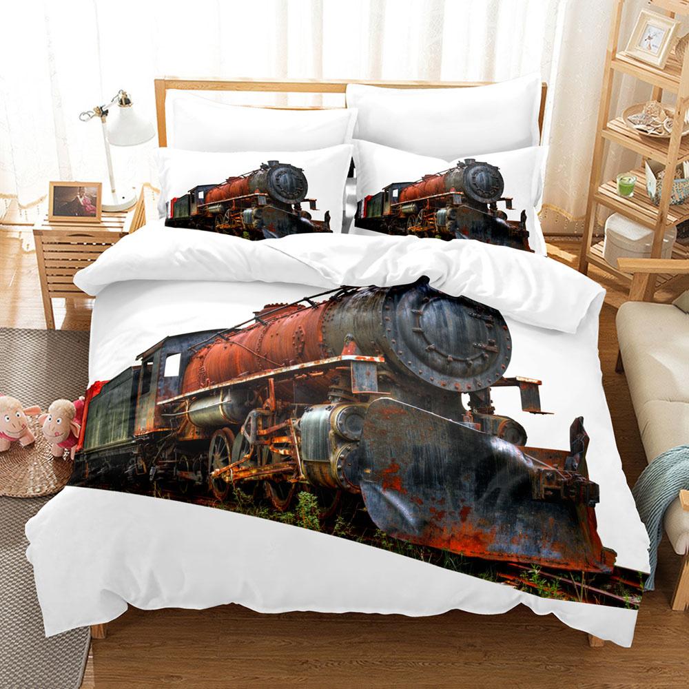 Steam Engine Duvet Cover Set Locomotive Green Black Train On Steel Railway Track Travel Adventure Graphic Print King Queen Size