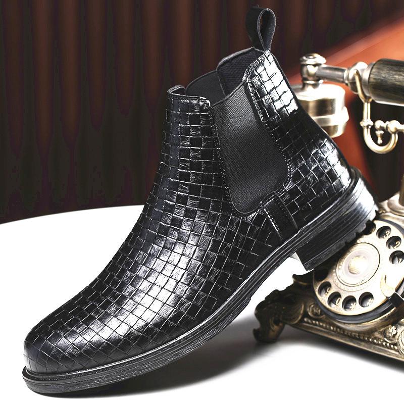 New Men's Woven Pattern Handmade Elastic Sleeve High Top Leather Boots for Casual Business and Fashion Chelsea Leather Boots
