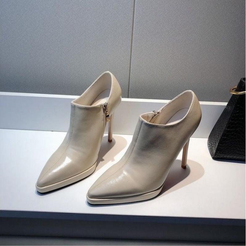 Мода FHC 2024 Новые женские ботильоны на высоком каблуке, ботильоны до щиколотки, осенние туфли на платформе, острый носок, боковая молния, черный, бежевый, коричневый, дропшиппинг