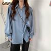 Spring and Autumn Women's Plus Size Loose Mid-Length Haze Blue Lazy Wind Casual Long Sleeve Shirt