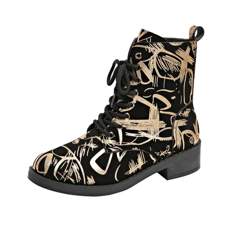 2024 Fashion Shoes for Women Lace Up Women's Boots Round Toe Mixed Colors Printing Short Barrel Low Heels Large Size Woman Boots