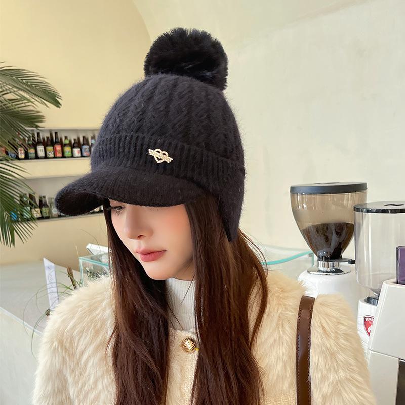 Autumn and Winter Ladies Rabbit Ears Knitted Hat Padded Warm Ear Protection Cap Wool Hat Thickened Duck Tongue Hat Beret