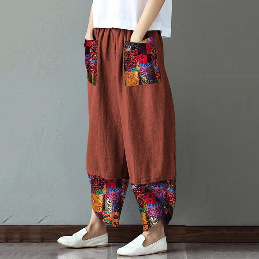 Women Casual Cotton Linen Print Patchwork Irregular Loose Wide Leg Pants