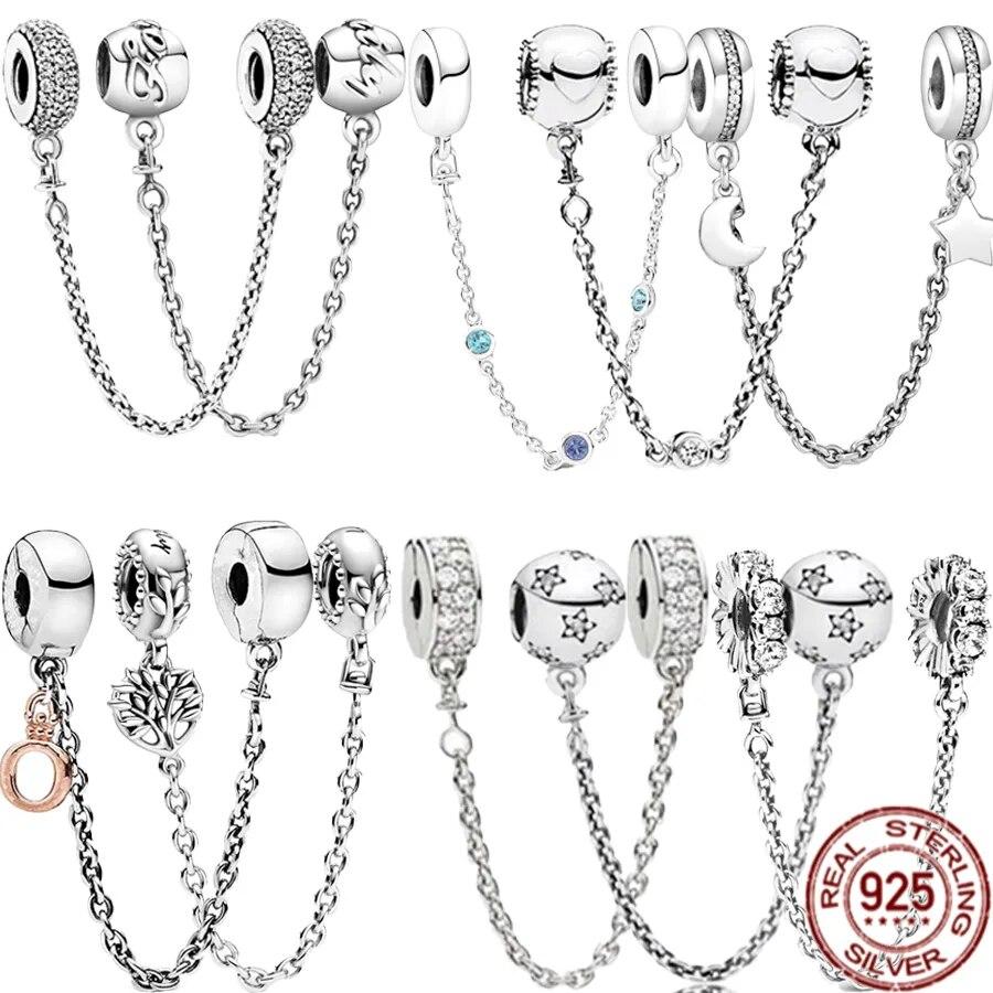 925 Sterling Silver Sparkling Pavé Crown O Tree Safety Chain Charm Bead Fit OriginalNew Bracelet DIY Women Jewelry Gift