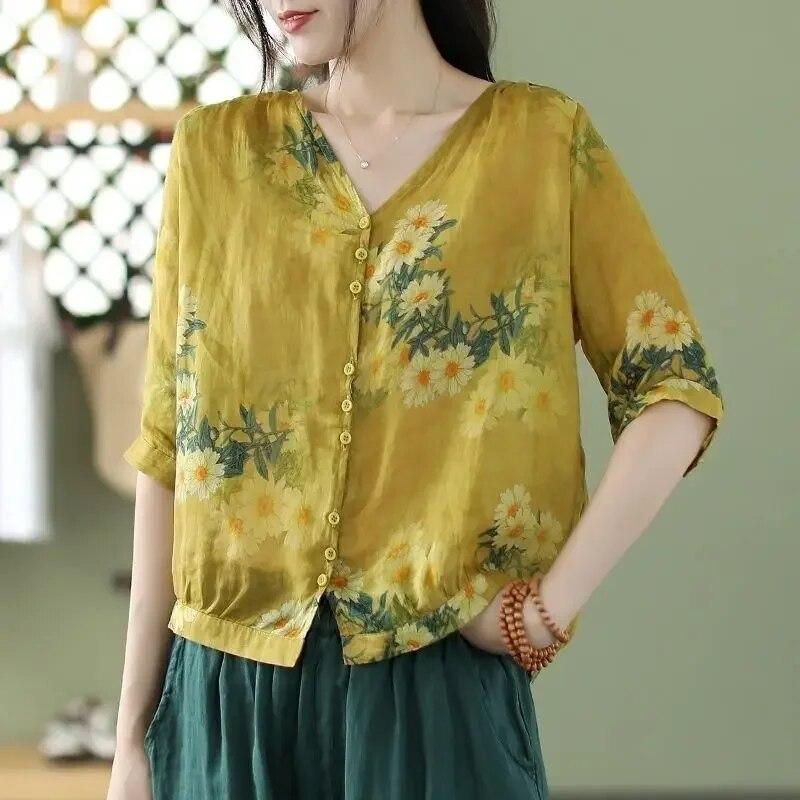 Ladies Printed Vintage Women's V-Neck Tops Casual Loose Cotton Linen Thin Section Half Sleeve Shirt