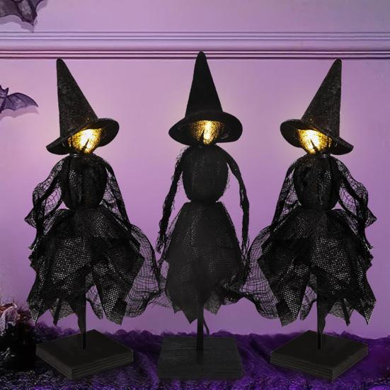 Halloween Witch Decoration Black Witch Ornament with Light-up Face Indoor Primitive Witch Table Centerpiece for Home Shelf Mantels Kitchen Decoration