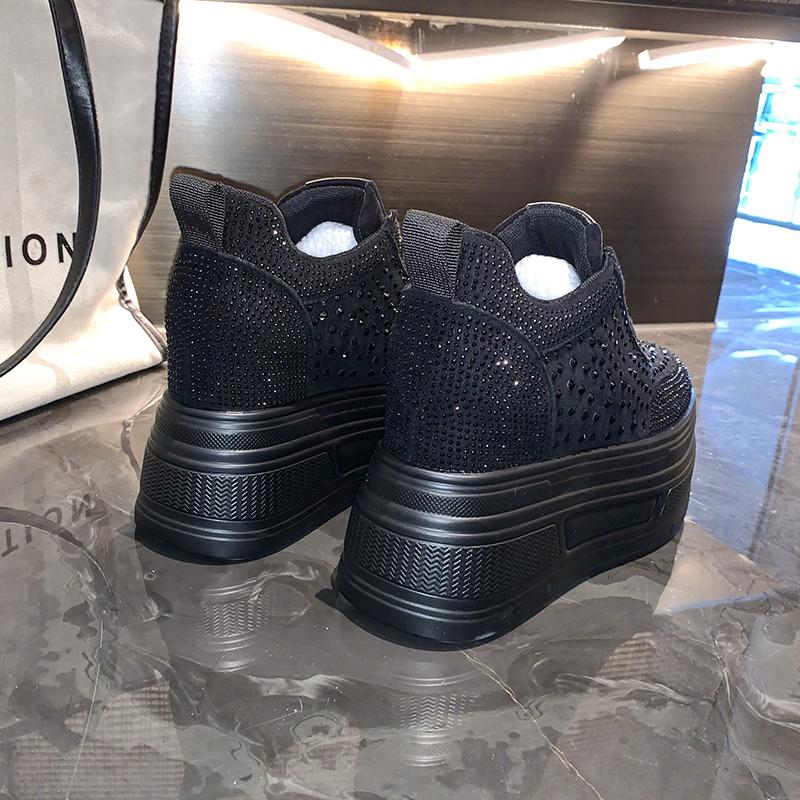 Fashion 10cm Crystal Synthetic Microfiber Chunky Sneakers Women Shoes Platform Wedge Hidden Heels Sandals Leather Pumps Flats