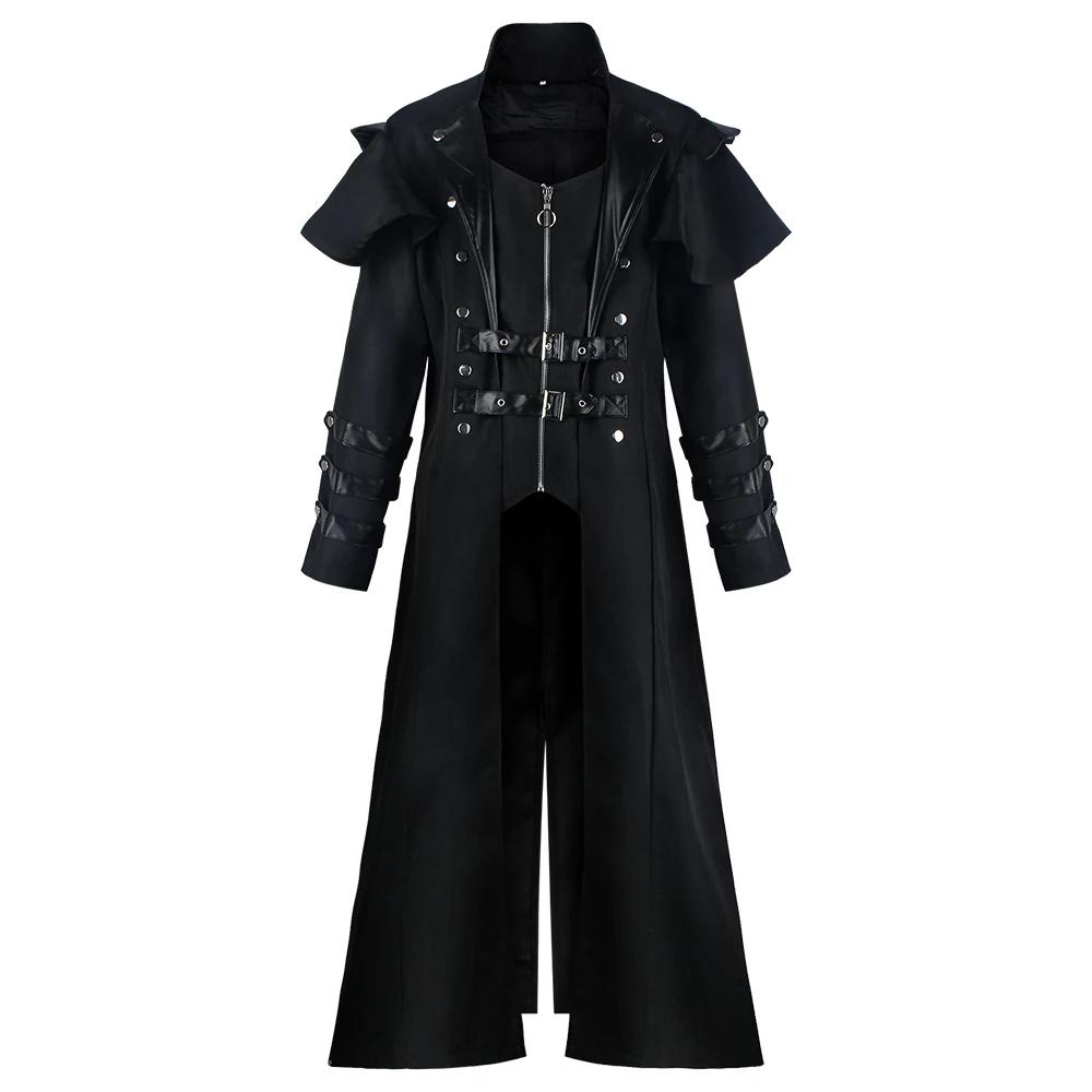 Vintage Halloween Medieval Steampunk Assassin Elves Pirate Costume Adult Men Black Long Split Jacket Gothic Armor Leather Coats