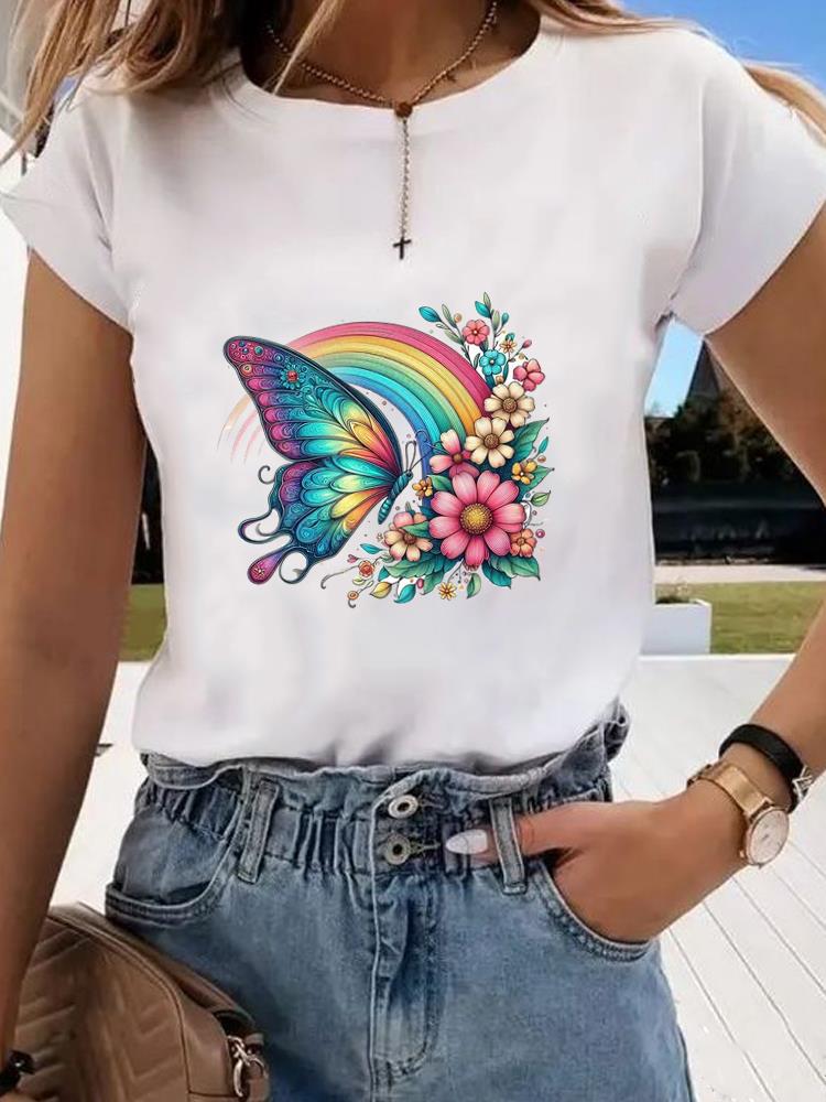 (Asian Size) Short Sleeve T-shirts Clothing Fashion Print  T Female Butterfly Sweet 90s Casual Women's Top Graphic Tee