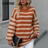 Plus Size Autumn and Winter Women's Striped Knitwear Plus Size Knit Round Neck Pullover Sweater