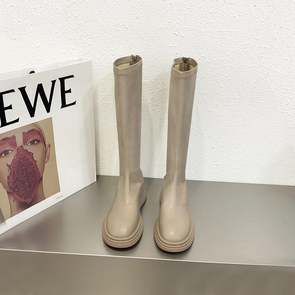 Winter Cotton Women's High Boots Fashion Soft Leather Back Zippers Long Botas Ladies Comfort Short Plush Knee High Booties