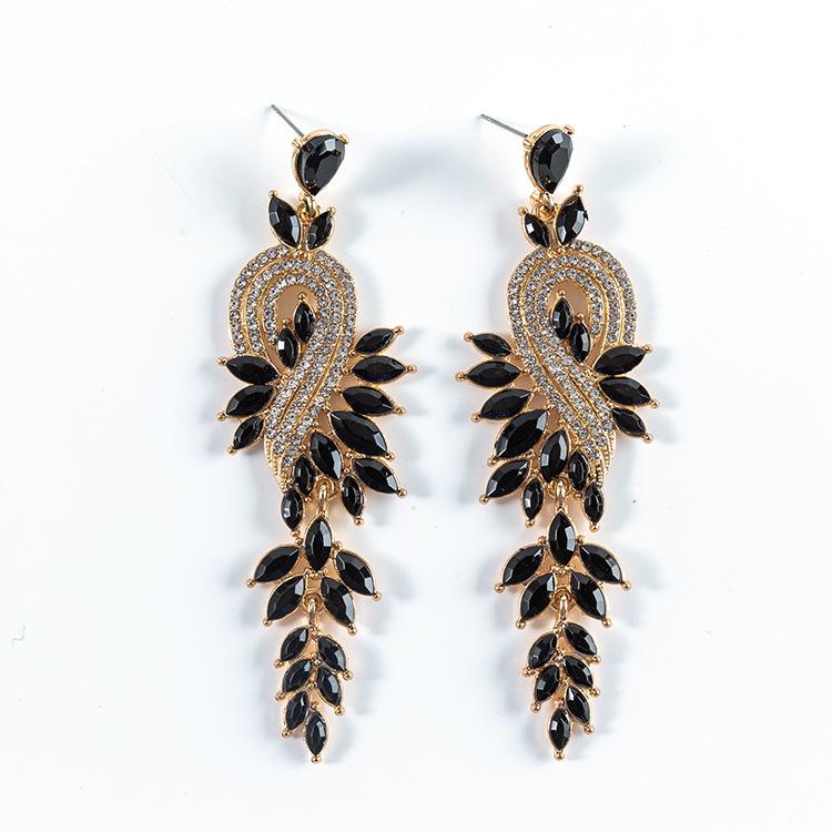 Water Droplet Shaped Retro Long Leaf Tassel Alloy Diamond Inlaid Elegant Temperament Earrings