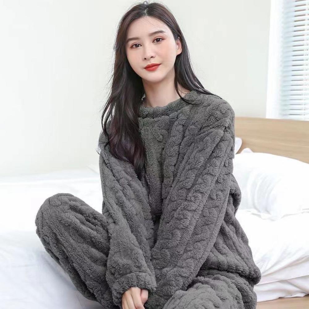 Autumn Women Solid Warm 2 Piece Sets Thicken Velvet Ribbed Fleece Set Pullover and Pants Women Casual Pajama Sets