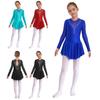 Girls Performance Dress Sparkly Rhinestones V Front Patchwork Design Hollow Back Long Sleeve Skating Costume