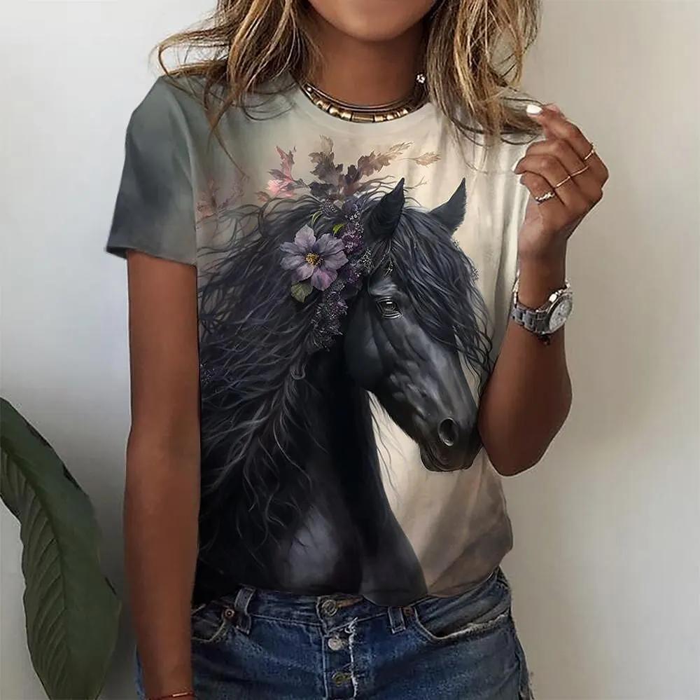 Summer Horse 3d Print T-shirts Women Streetwear Casual Fashion Oversized Short Sleeve Y2k O-neck Kids Tees Tops Clothing