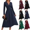 Women's Fashionable Solid Color V-neck Long Sleeved Pleated Long Dress