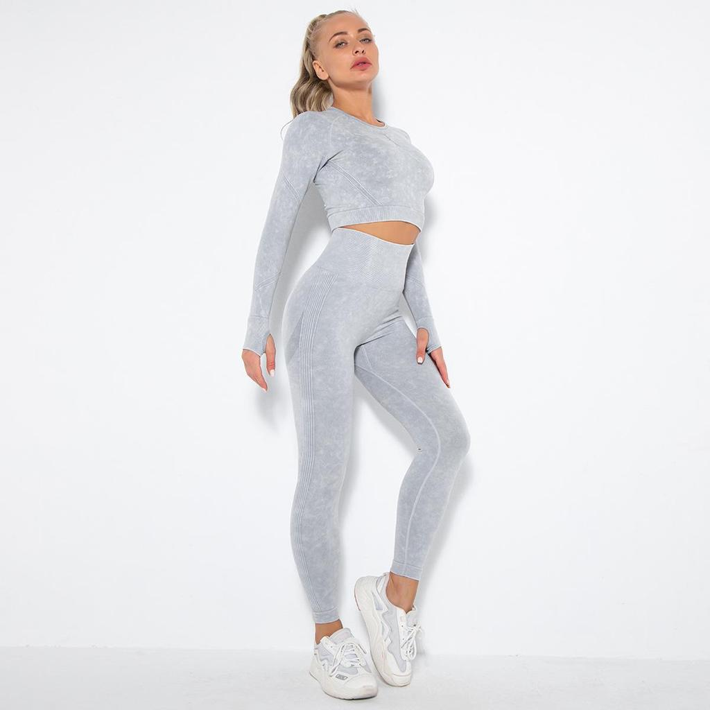 Women Seamless Washed Peach Hip Lifting Sports Running Fitness O Neck Long Sleeve Pant Suits