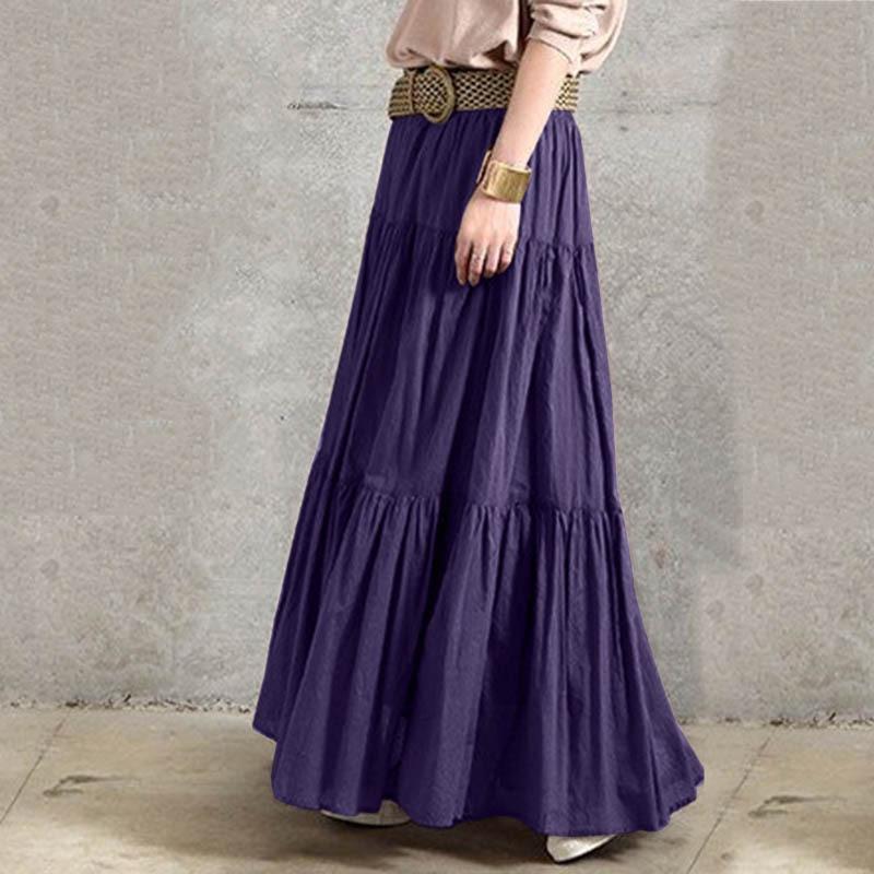 Women Cotton A-line Skirts Summer Loose Casual Elastic Waist Long Skirts