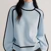 Women's Elegant Sweater Long Sleeve Turtleneck Pullover Sweater In Light Blue & White Horizontal Stripes Classic Knitwear Comfortable Stylish Top