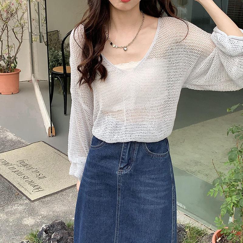 Long Sleeves Hollow Out Sweater Irregular Thin Design Women's Sun Protection Knitted Top V Neck Long Sleeves Loose and Lazy
