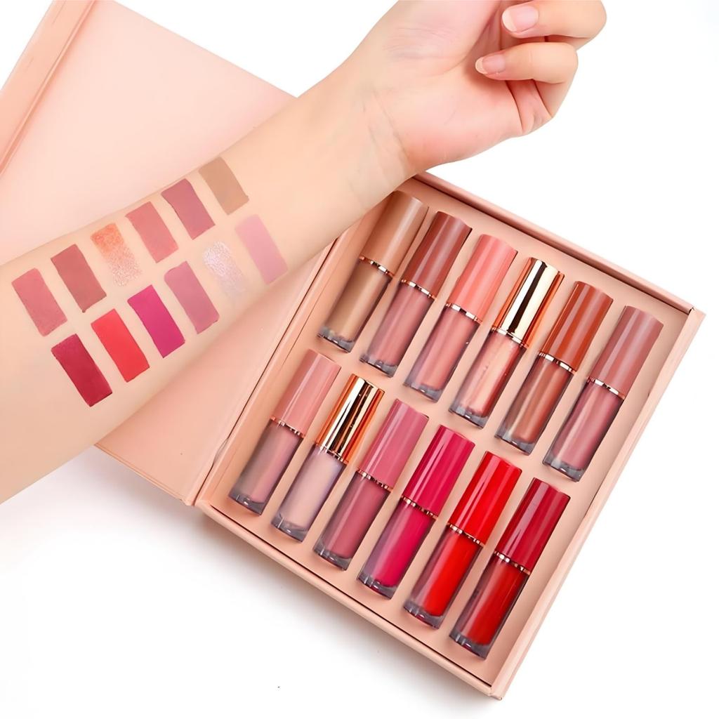 Matte Nude Lipstick Velvety Liquid Lipstick with Sexy Lip Smooth Lip Makeup with Gift Box 12-Color Set, Long-Lasting Non-Stick Cup, Gloss, Tint,